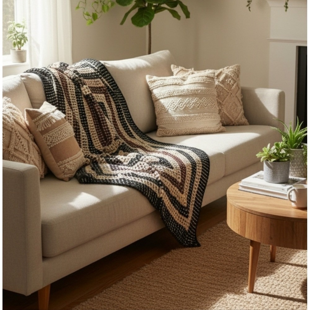 Vintage Handmade Crochet Afghan Granny Square‎ Blanket in Black Cream Brown Cozy